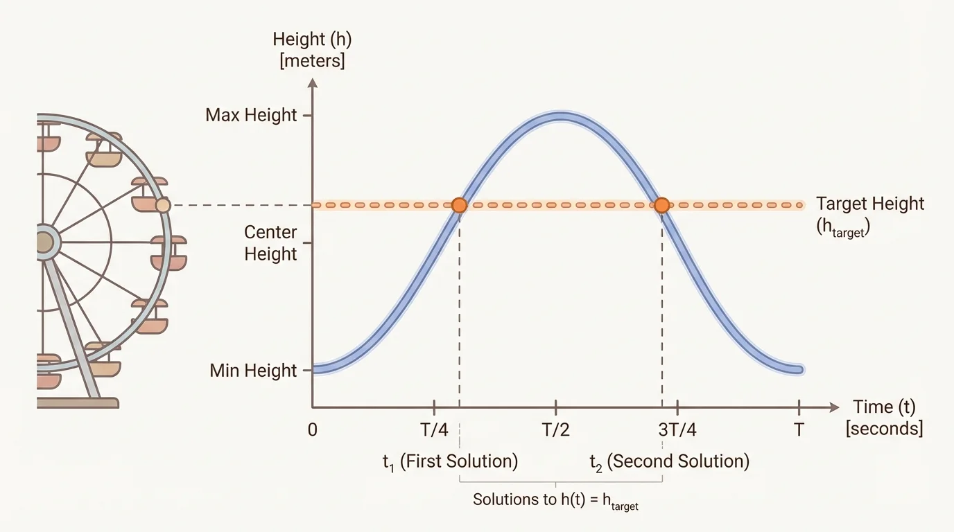 Height-versus-time graph of a Ferris wheel over one rotation with a target height line intersecting the curve twice