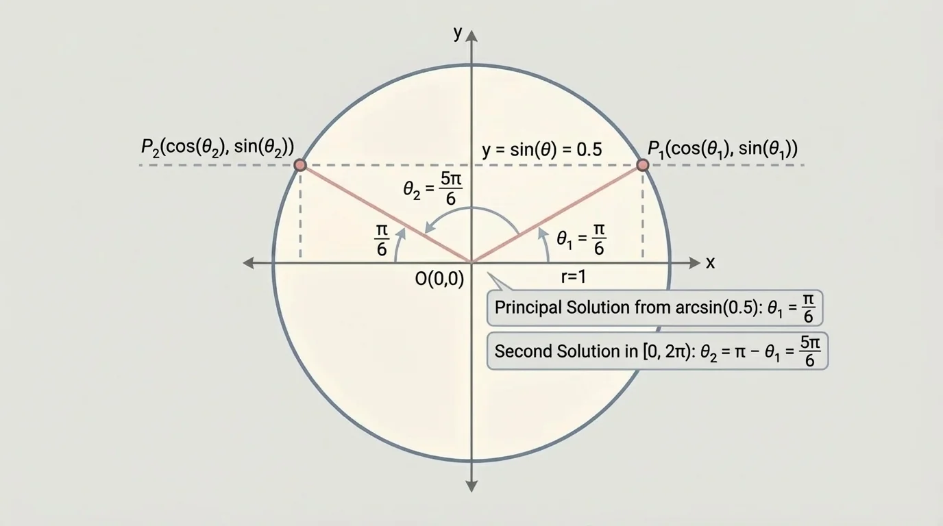 Unit circle and matching sine values for two angles in one revolution, with corresponding points highlighted