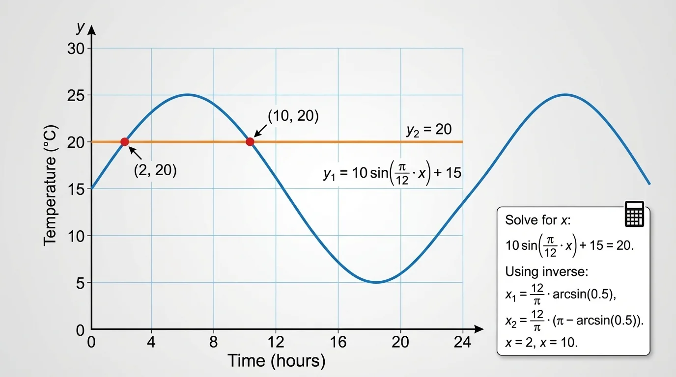 Graphing-calculator style screen with a sinusoidal curve, a horizontal line, and marked intersection points within a chosen interval
