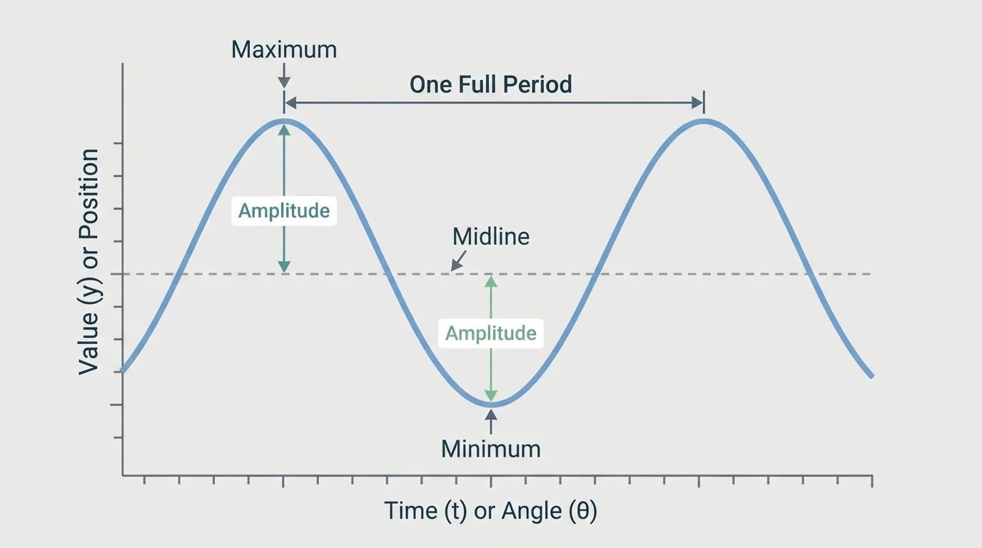 Graph of a sinusoidal curve with labeled maximum, minimum, midline, amplitude, and one full period