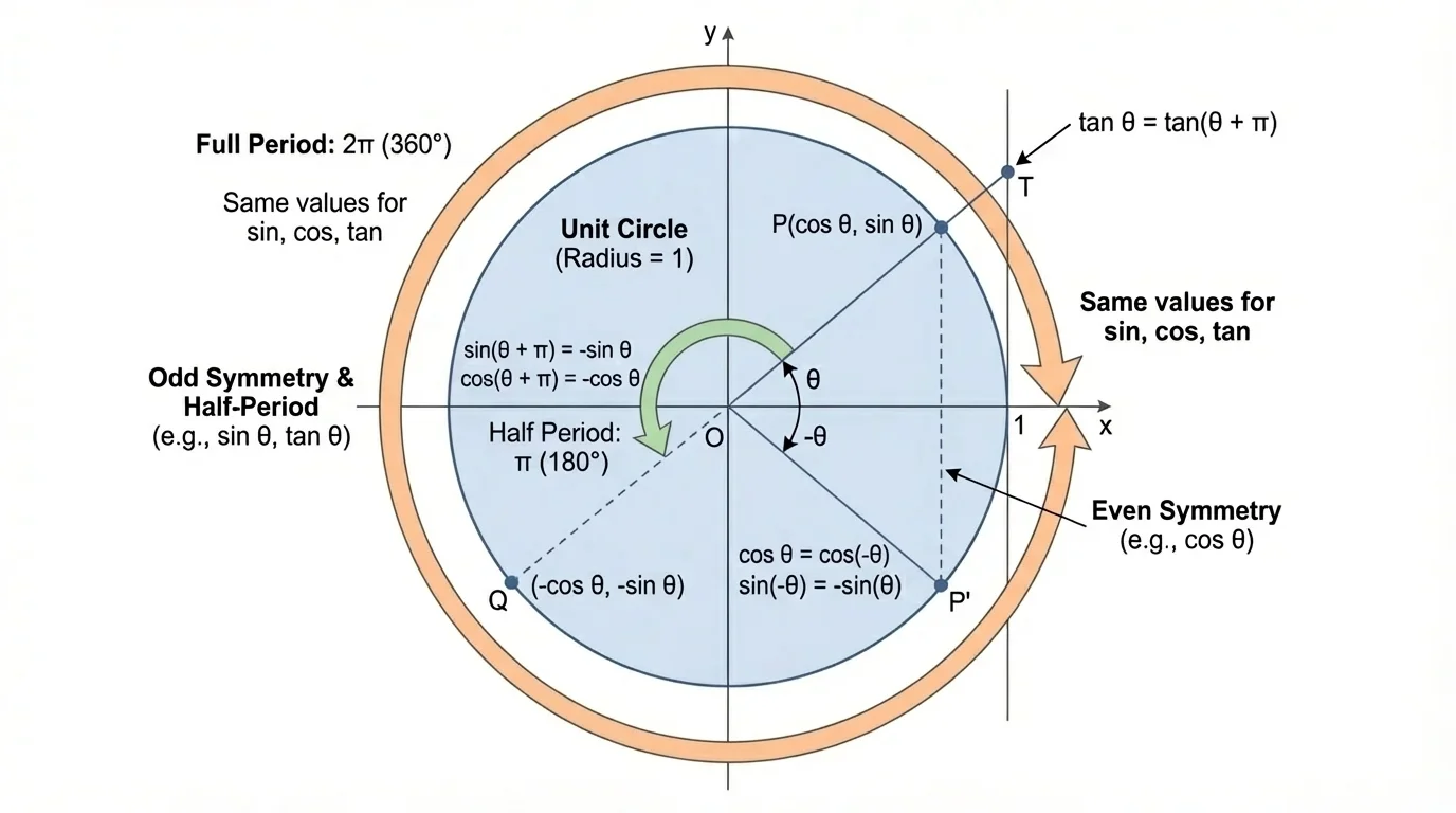 Unit circle with arrows for a full rotation of 2pi returning to the same point and a half rotation of pi showing opposite point with same tangent ratio