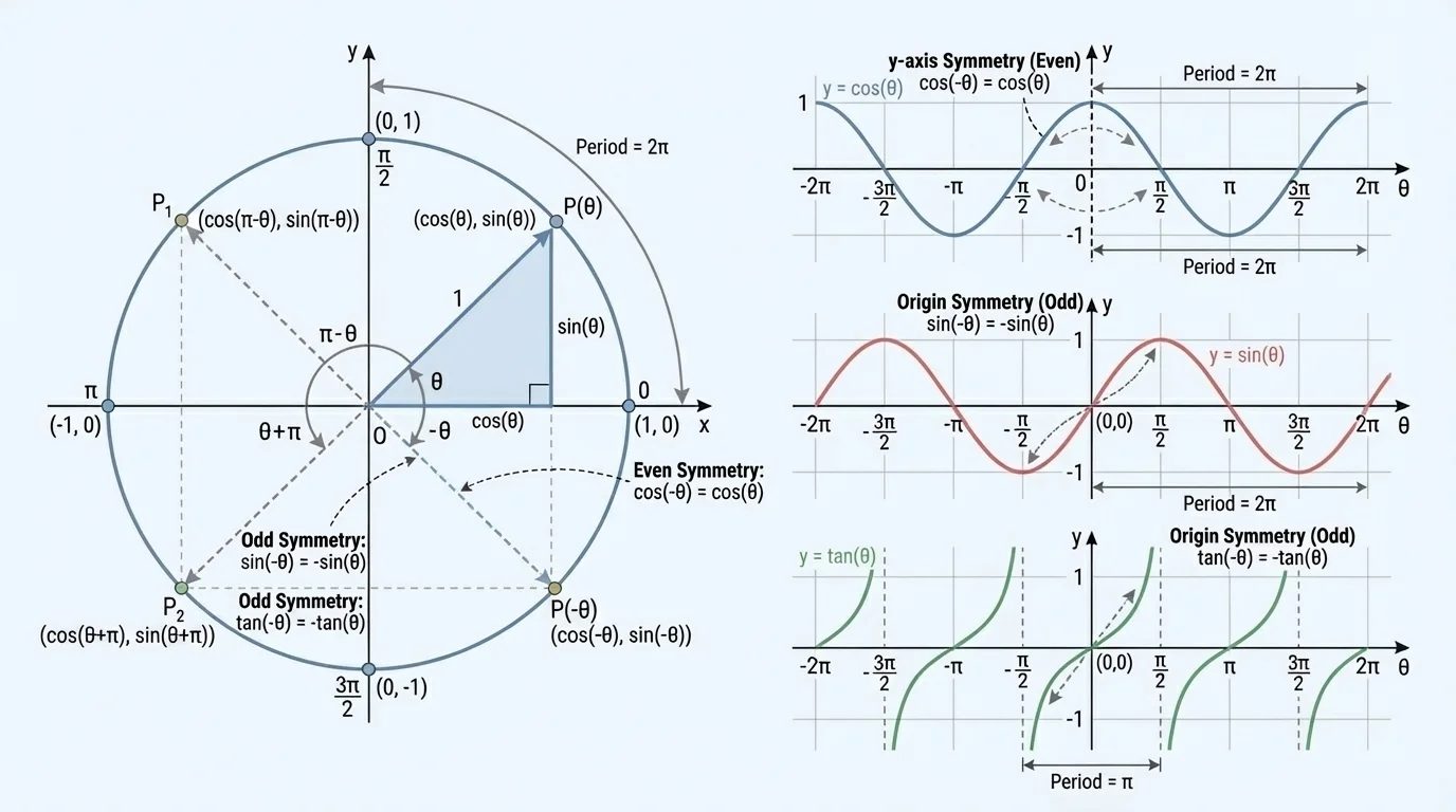 Graphs of sine, cosine, and tangent on coordinate axes highlighting cosine y-axis symmetry, sine and tangent origin symmetry, and repeating intervals