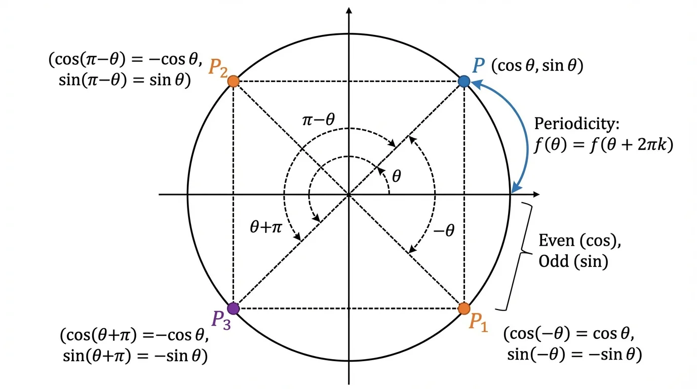 Unit circle showing a point at angle theta and reflected points for negative theta, pi minus theta, and theta plus pi across x-axis, y-axis, and origin