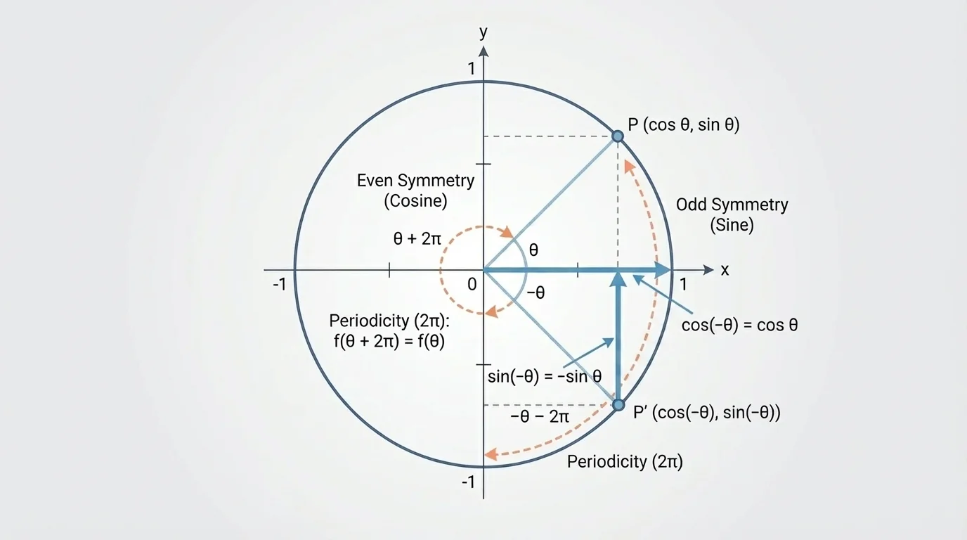 Unit circle with x- and y-axes, several standard angles, and points labeled by cosine as horizontal coordinate and sine as vertical coordinate