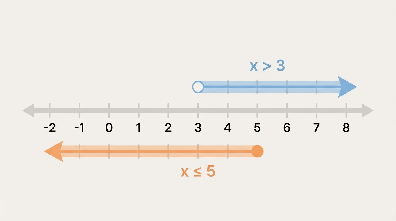 number line showing open and closed circles with shading for examples x greater than 3 and x less than or equal to 5