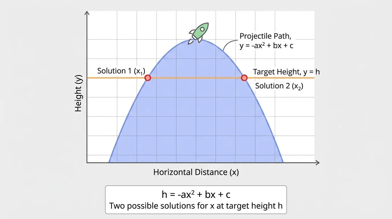 parabola on a coordinate plane intersecting a horizontal target line at two points, labeled as two possible solutions in a real-world quadratic situation