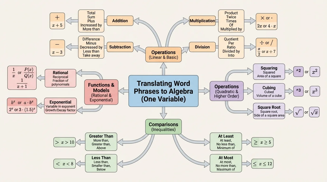 flowchart mapping word phrases such as total, difference, twice, at least, no more than to algebra operations and comparison symbols