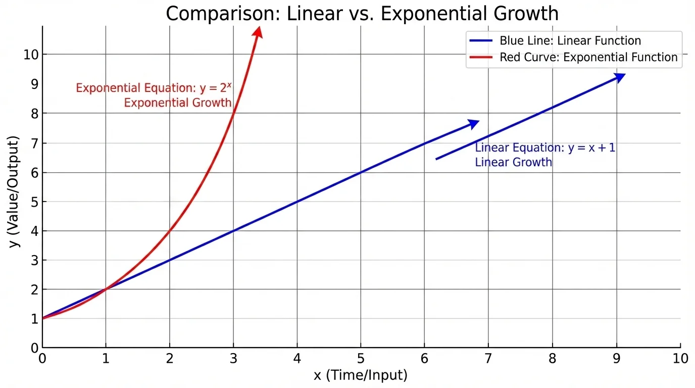 coordinate graph comparing an increasing straight line and an exponential growth curve that starts similarly but rises much faster over time