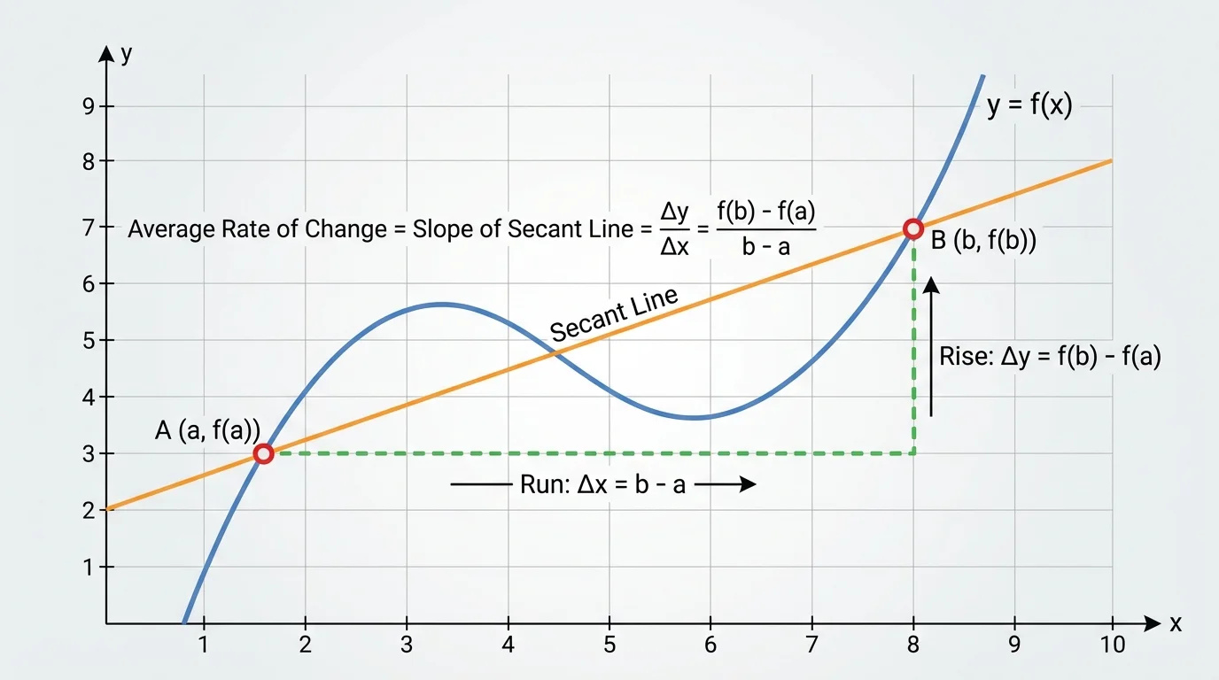 coordinate plane with a curved function, two points marking the interval endpoints, a secant line connecting them, and rise and run visually indicated