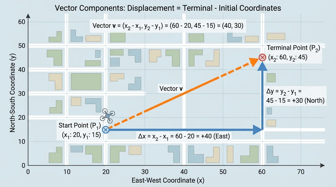 City or map grid with a drone path from a start point to an end point, showing east-west and north-south displacement arrows