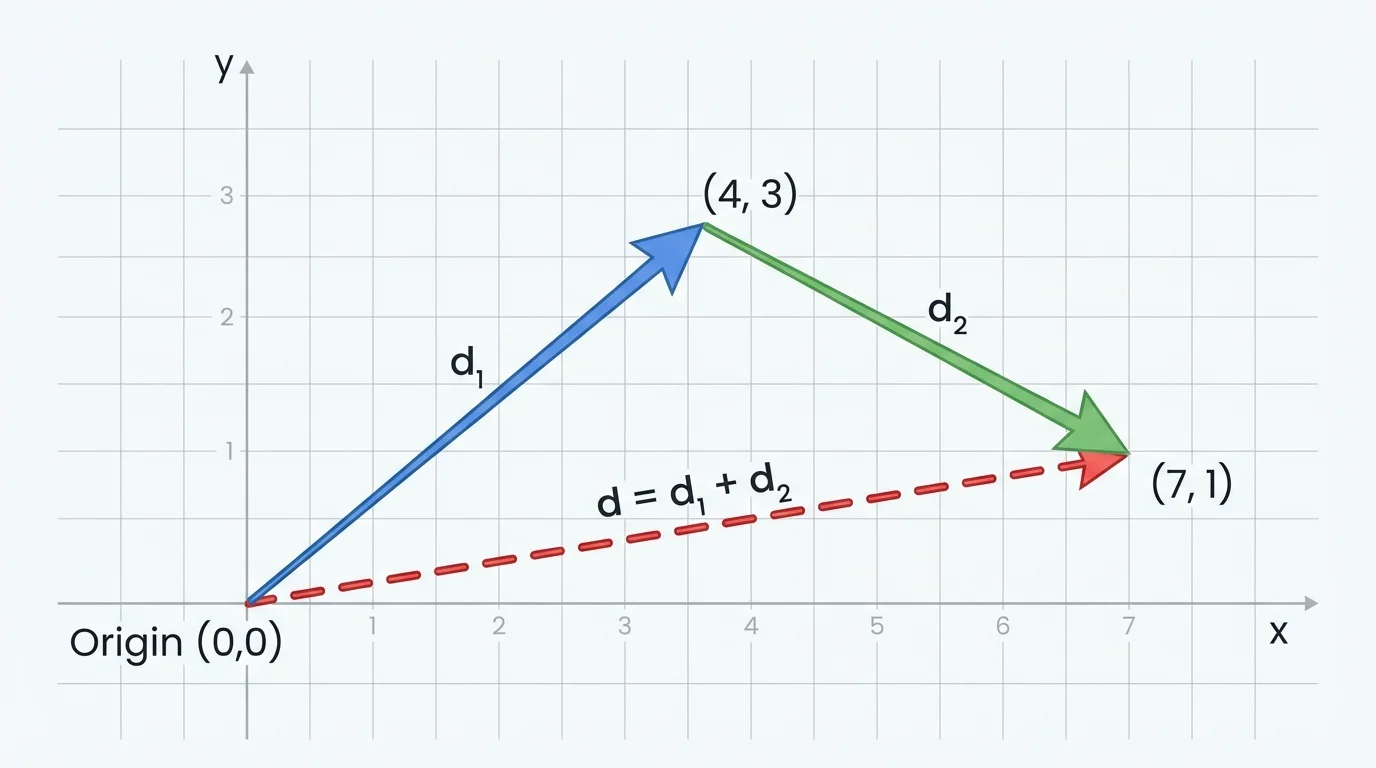 Two displacement vectors drawn tip-to-tail on a square grid, with the resultant vector drawn from the starting point to the ending point