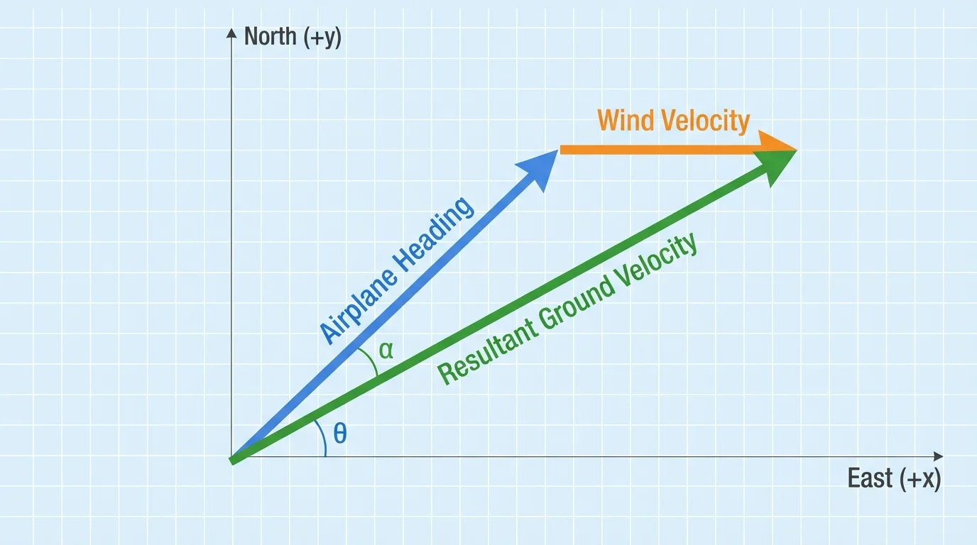 Coordinate grid with an airplane heading vector, a wind vector from the tip of the heading vector, and the resultant ground velocity vector from the start point to the final point