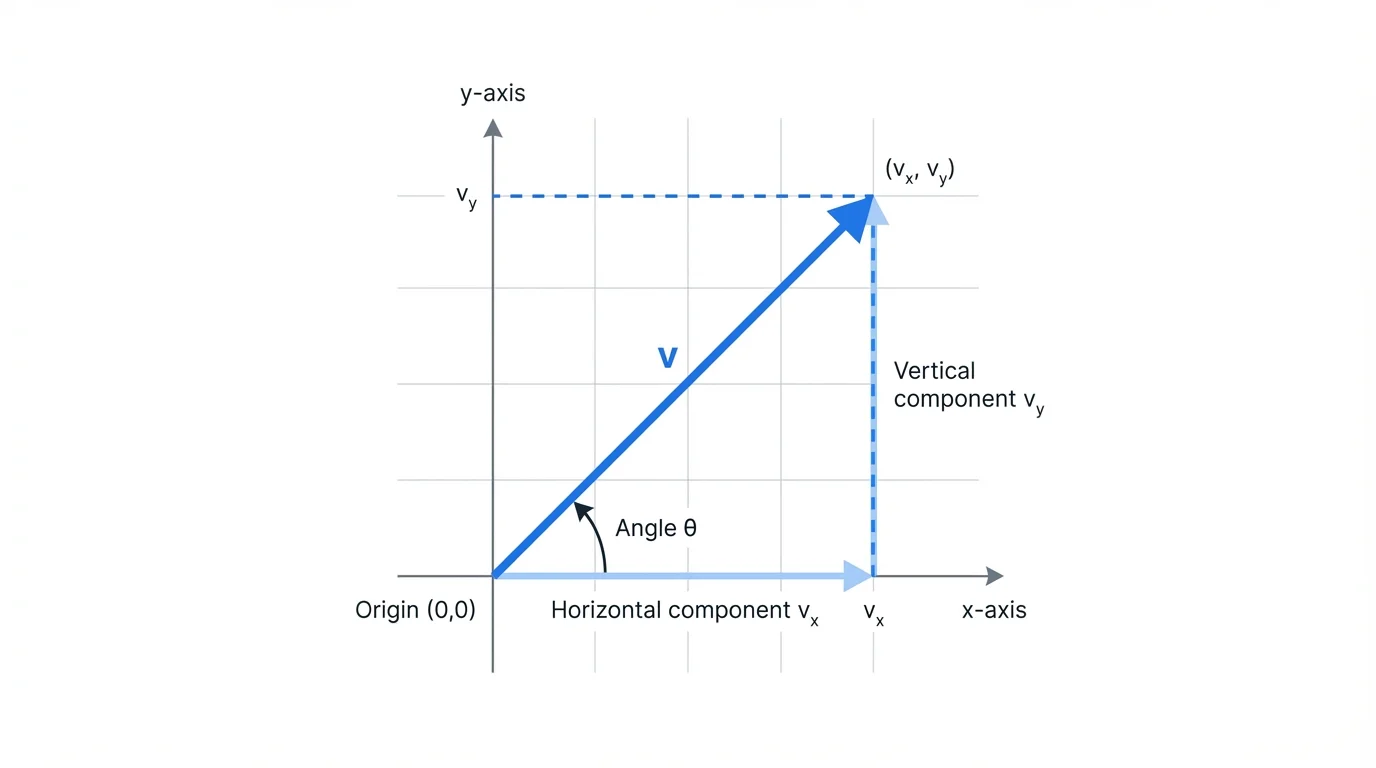 Coordinate plane showing a vector from the origin to a point in the first quadrant with horizontal and vertical components marked and a direction angle from the positive x-axis