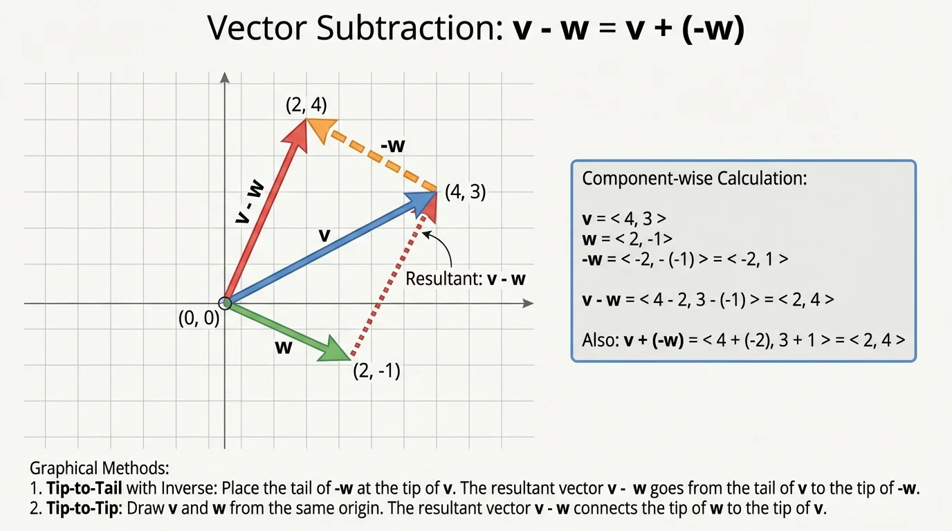 coordinate-plane vector subtraction with v and w drawn from the origin, -w reversed, and resultant v-w shown as the arrow from the tip of w to the tip of v