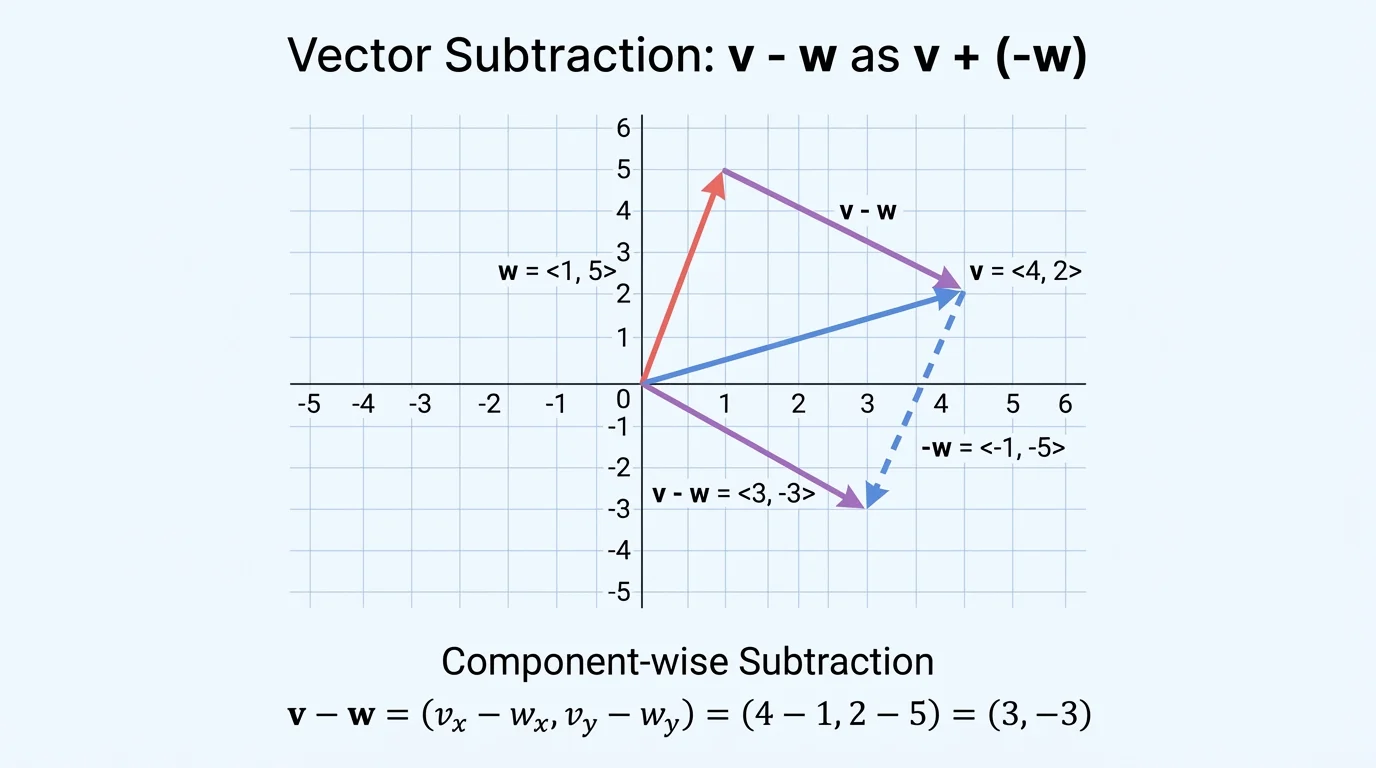 coordinate grid with vectors <4,2> and <1,5> from the origin and their difference <3,-3> shown as the arrow from the tip of <1,5> to the tip of <4,2>