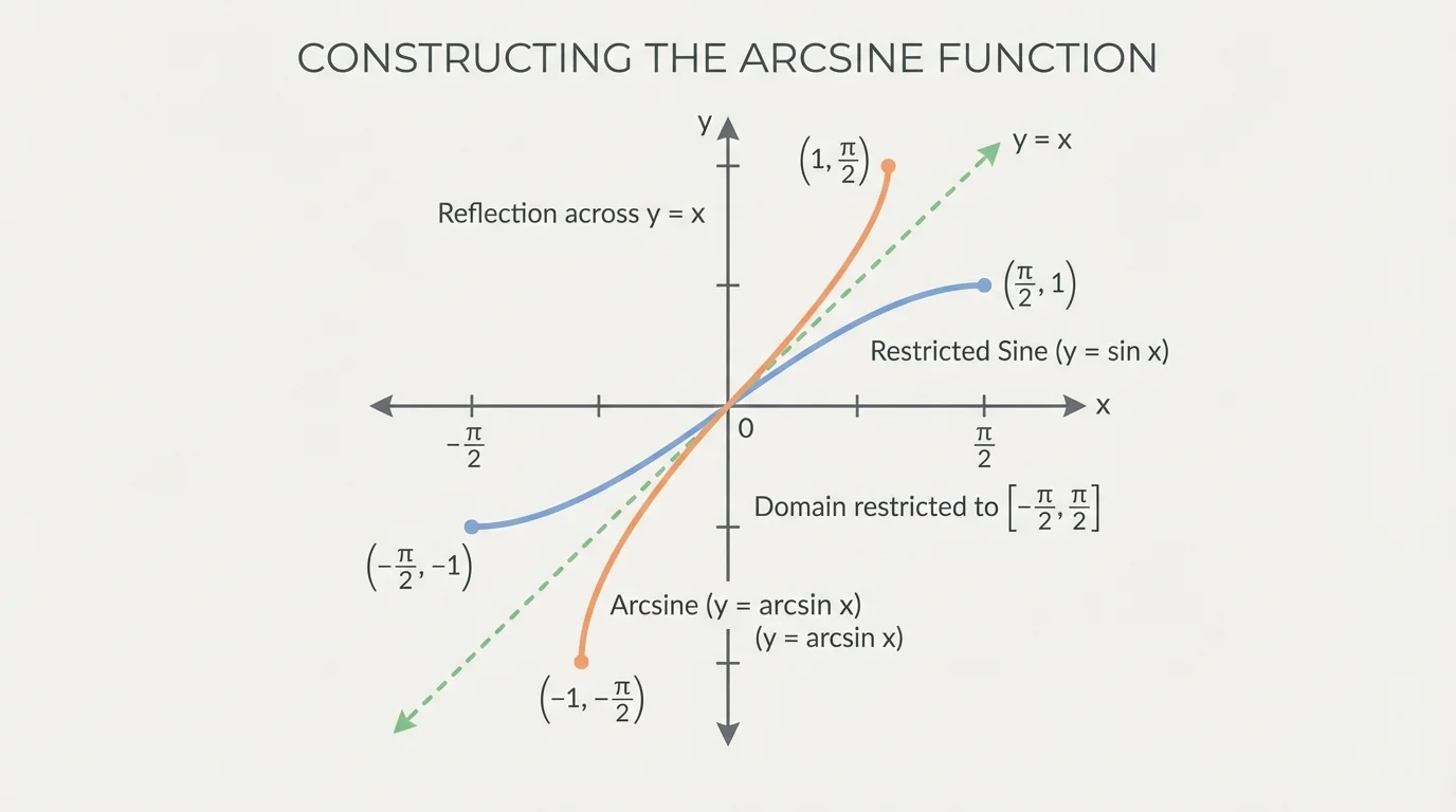graph of restricted sine on negative pi over 2 to pi over 2 and its reflection across the line y equals x to show arcsine