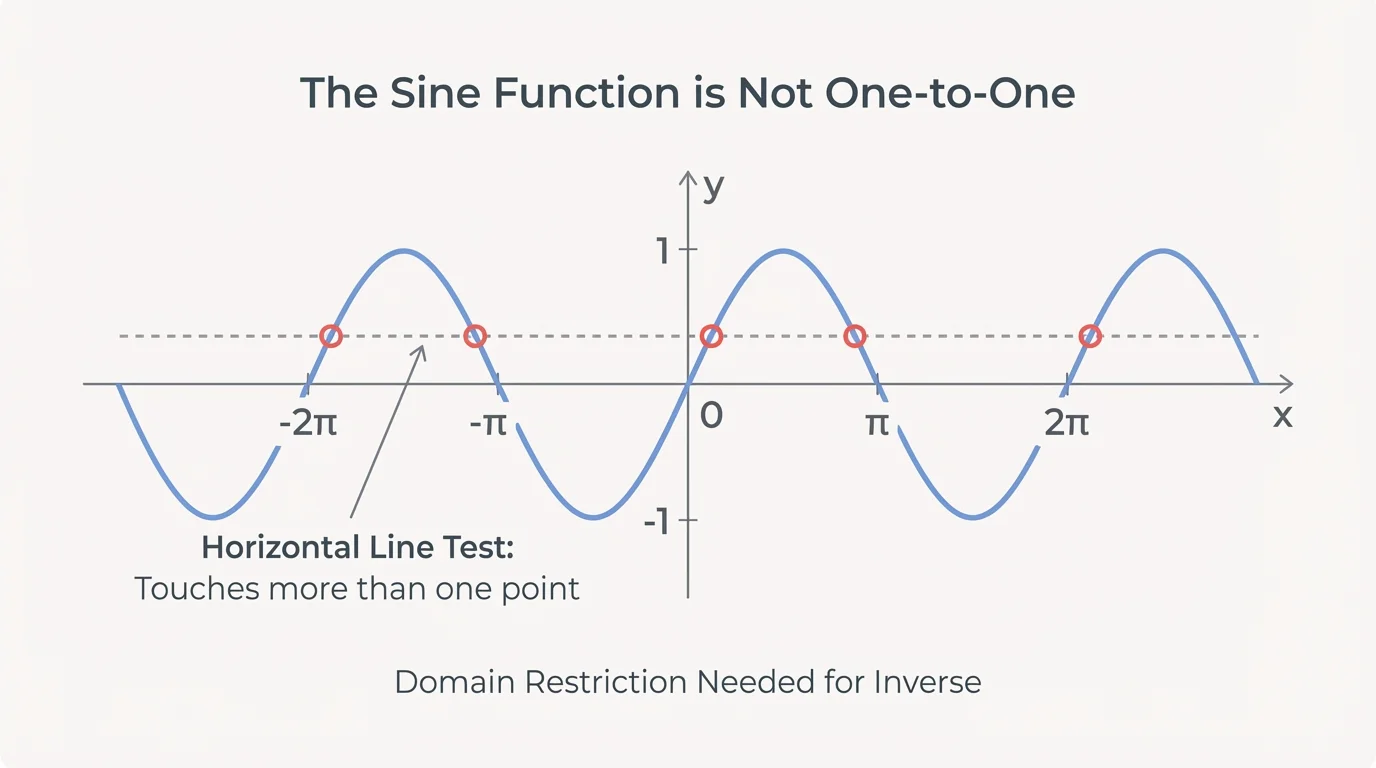 graph of sine over several periods with a horizontal line crossing multiple points to show it is not one-to-one