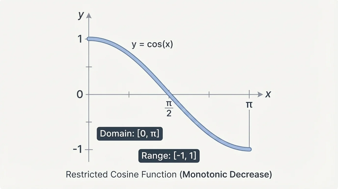 graph of cosine on the interval from 0 to pi showing a steady decrease from 1 to negative 1
