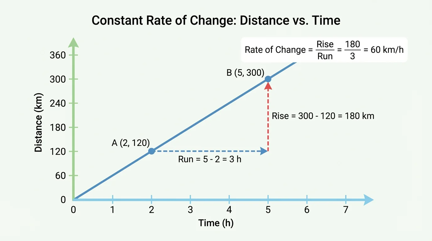 coordinate graph of a straight line through two labeled points with vertical rise and horizontal run highlighted by colored arrows