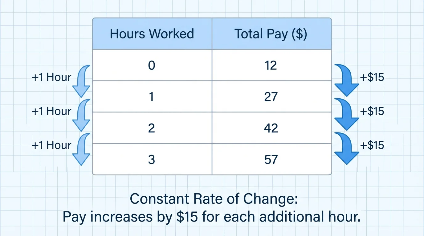 graph-paper style table showing hours 0 through 3 and total pay values 12, 27, 42, 57 with arrows highlighting equal increases of 15 for each increase of 1 hour