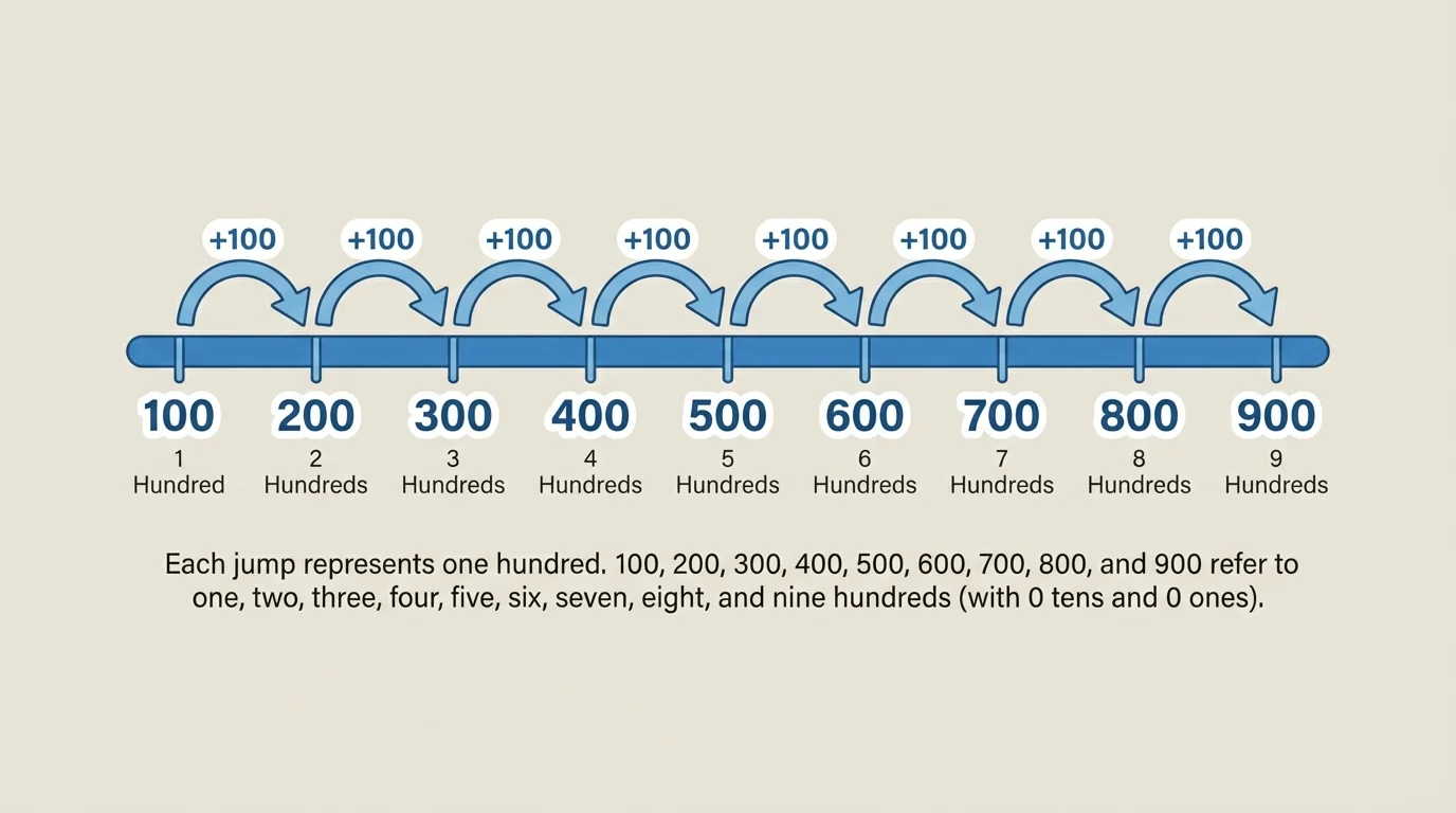 Number line marked at 100, 200, 300, 400, 500, 600, 700, 800, 900 with equal jumps of 100