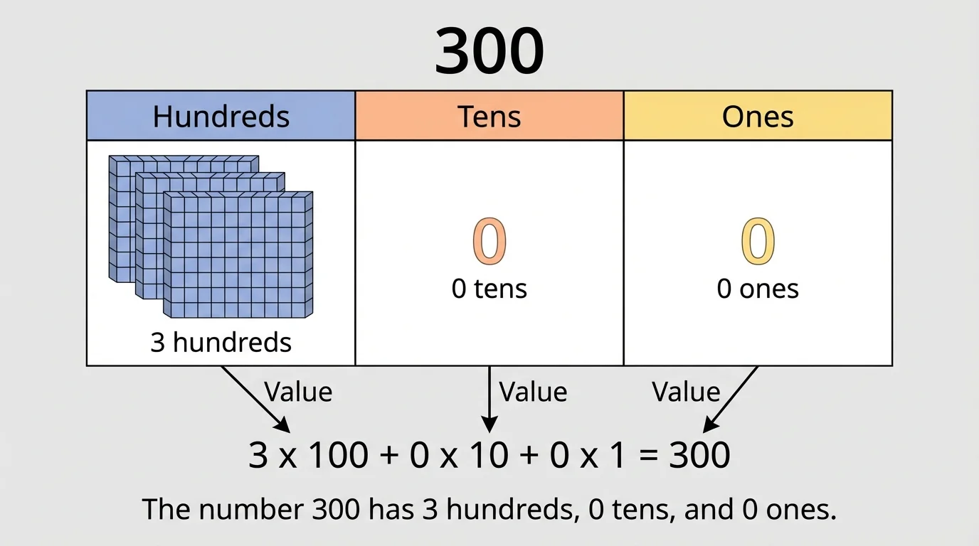 Place value chart with columns hundreds, tens, ones showing 300 as 3 hundreds, 0 tens, 0 ones