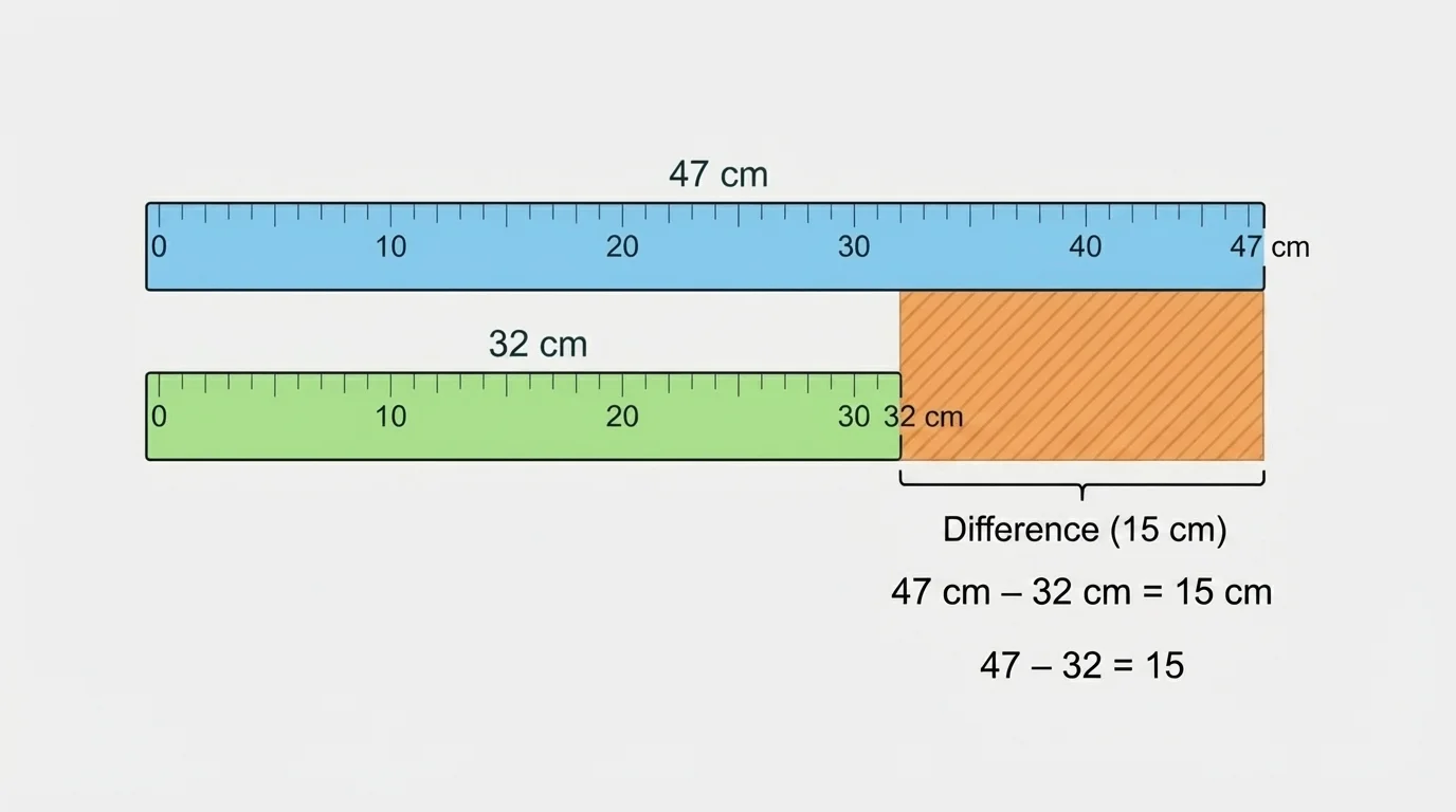 two horizontal length bars labeled 47 centimeters and 32 centimeters, with the extra segment shaded to show the difference