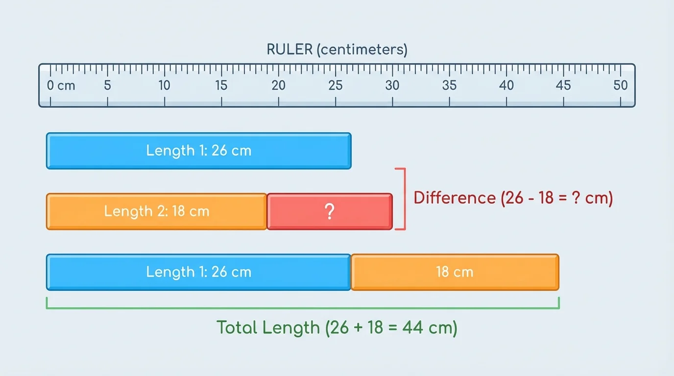 ruler drawing with one bar for 26 centimeters, another for 18 centimeters, and a combined total bar plus comparison gap