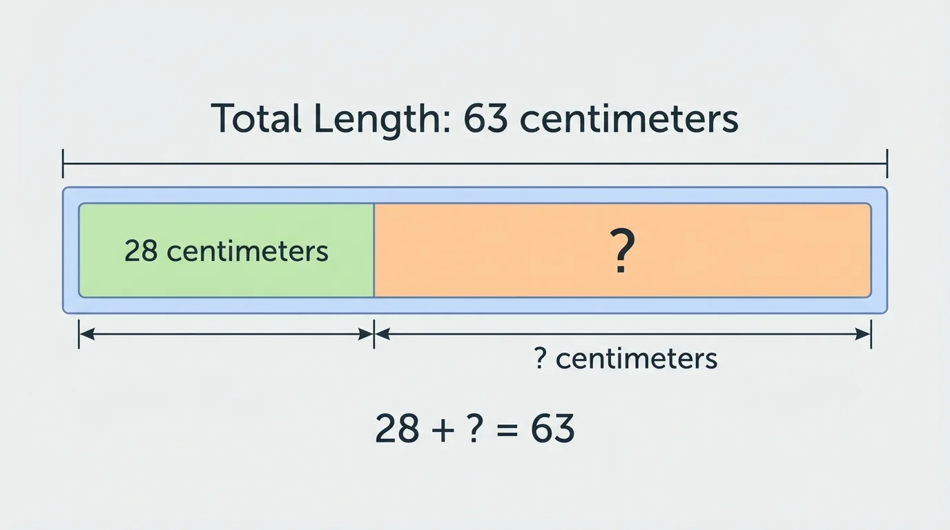 bar model for total length 63 centimeters split into one part labeled 28 centimeters and one blank part with a question mark