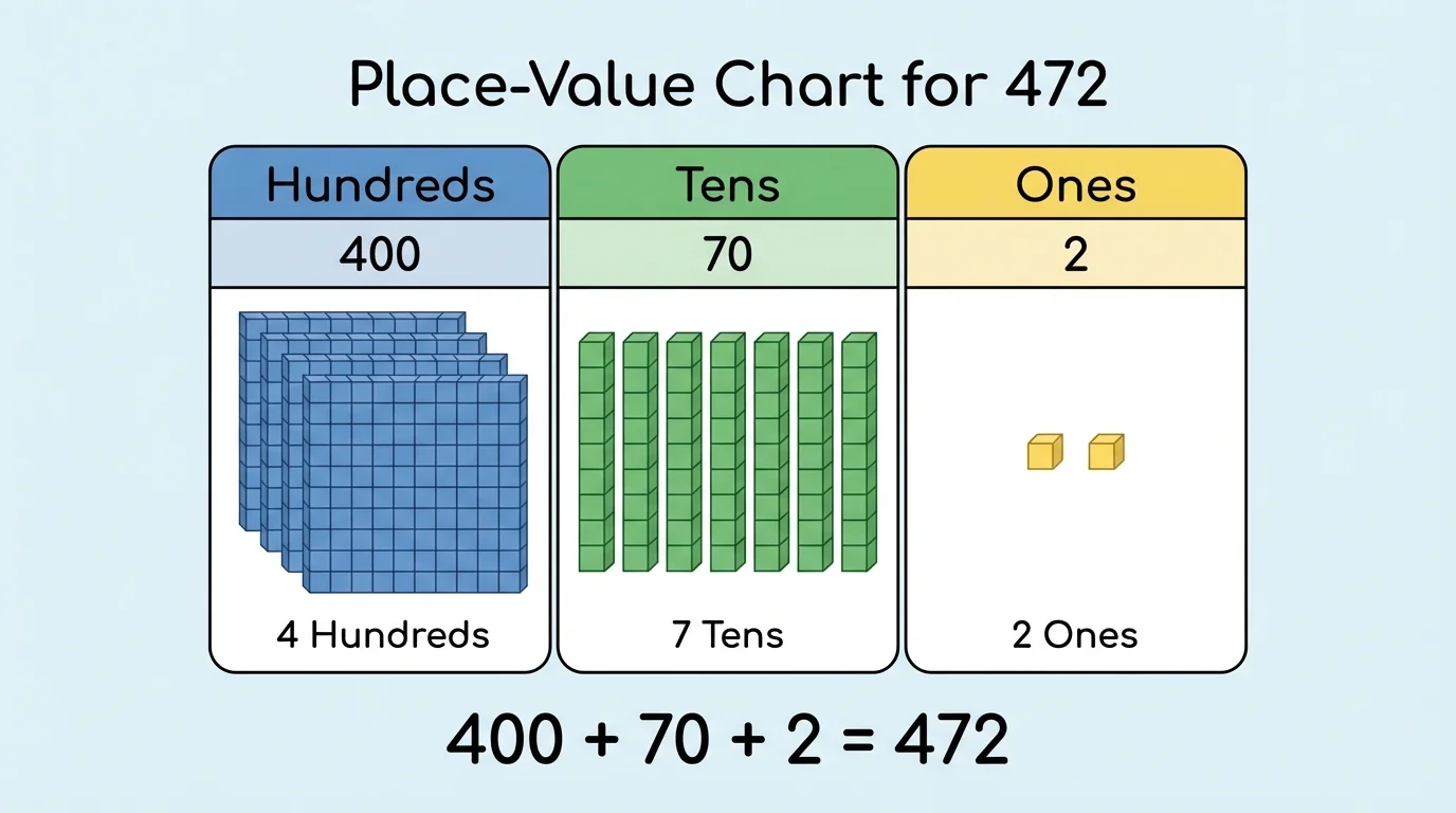 place-value chart showing 472 as 4 hundreds, 7 tens, and 2 ones