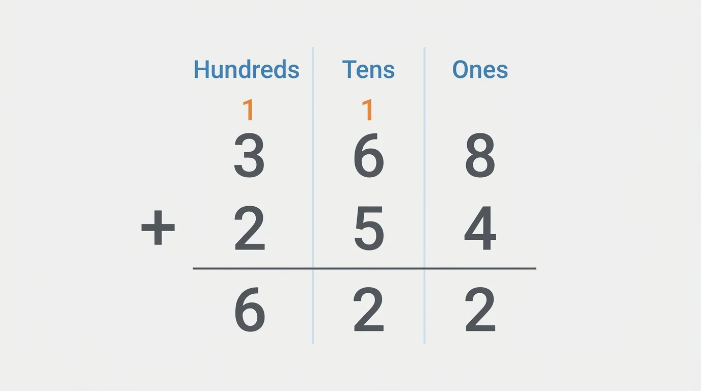 stacked addition of two 3-digit numbers with a regrouped ten marked above the tens column