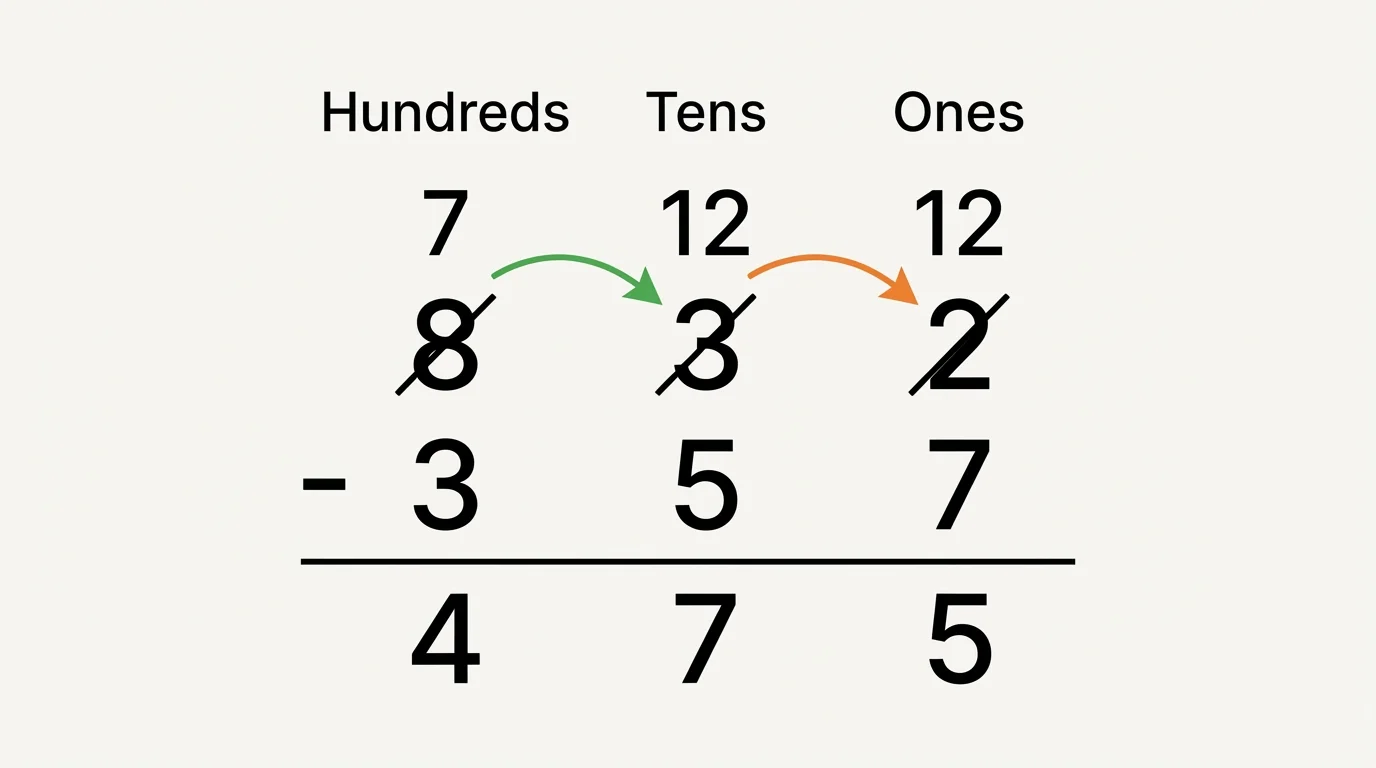 stacked subtraction problem showing regrouping arrows across hundreds, tens, and ones