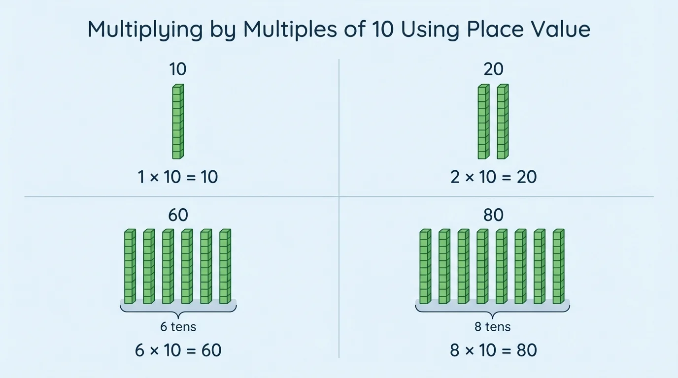 Base-ten style drawing showing rods of ten labeled 10, 20, 60, and 80, with emphasis that 60 equals 6 tens and 80 equals 8 tens