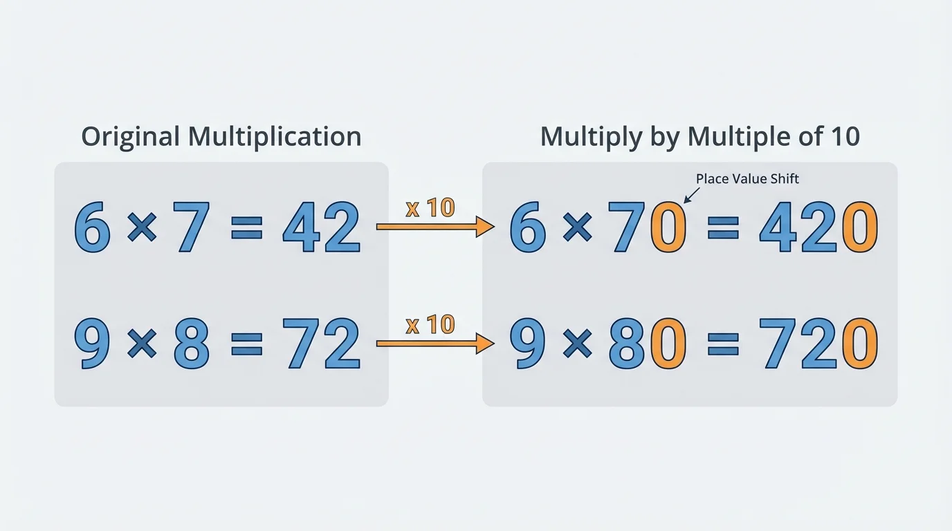 Side-by-side comparison chart showing 6 x 7 = 42 next to 6 x 70 = 420, and 9 x 8 = 72 next to 9 x 80 = 720, with arrows showing times 10