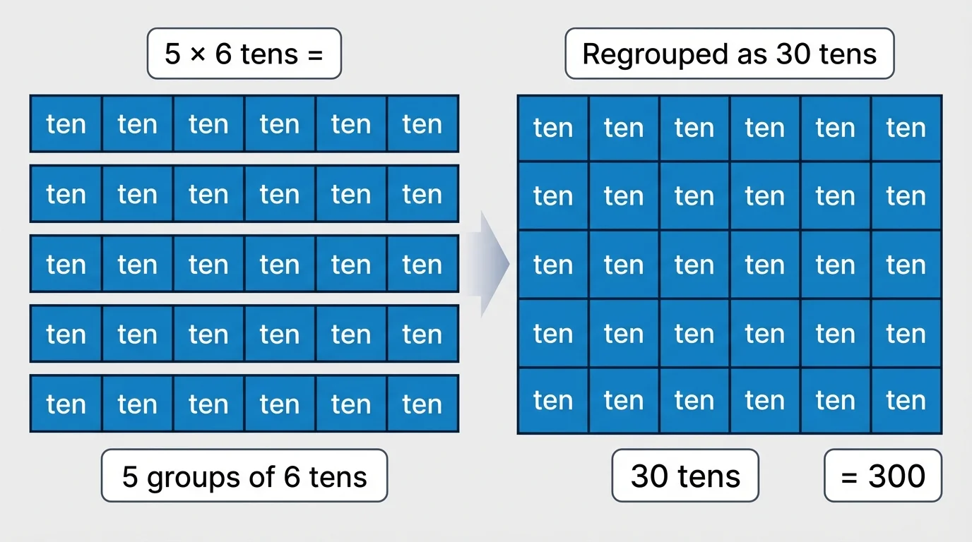 Array or groups model showing 5 rows of 6 tens blocks, then regrouped and labeled as 30 tens = 300