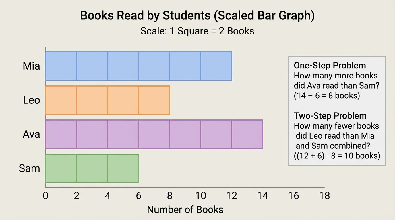 Scaled bar graph comparing books read by four students with one square equal to 2 books