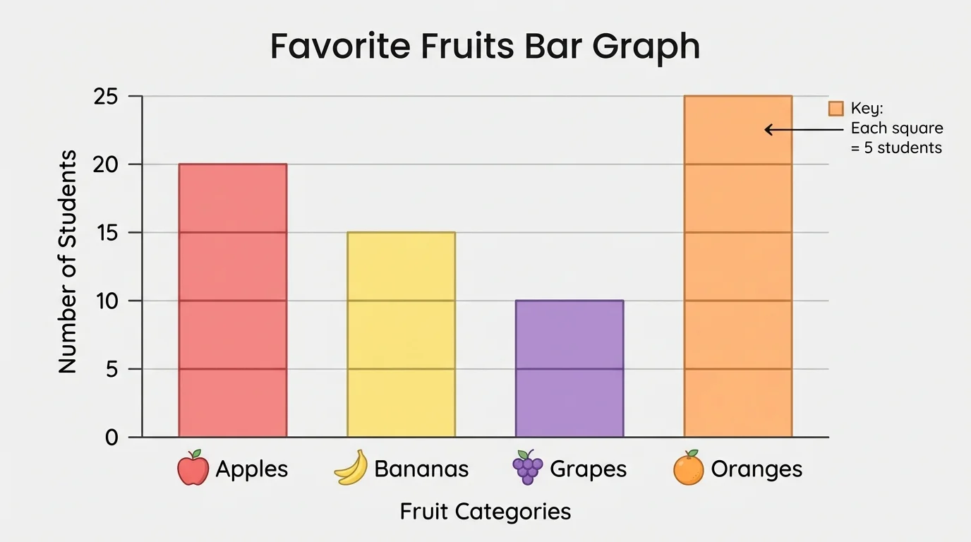 Bar graph of favorite fruits with categories Apples, Bananas, Grapes, Oranges and vertical scale counting by 5
