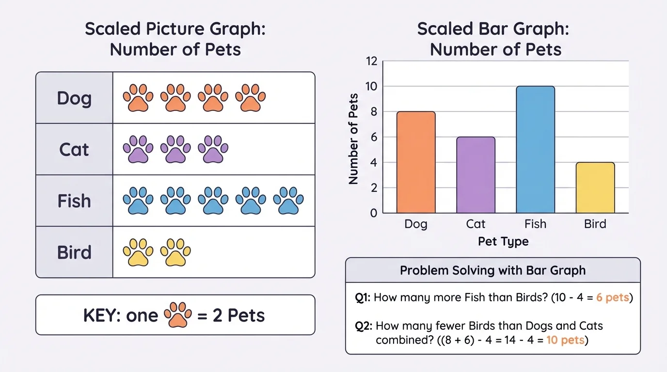 Scaled picture graph with categories Dog, Cat, Fish, Bird and a key showing one symbol equals 2 pets