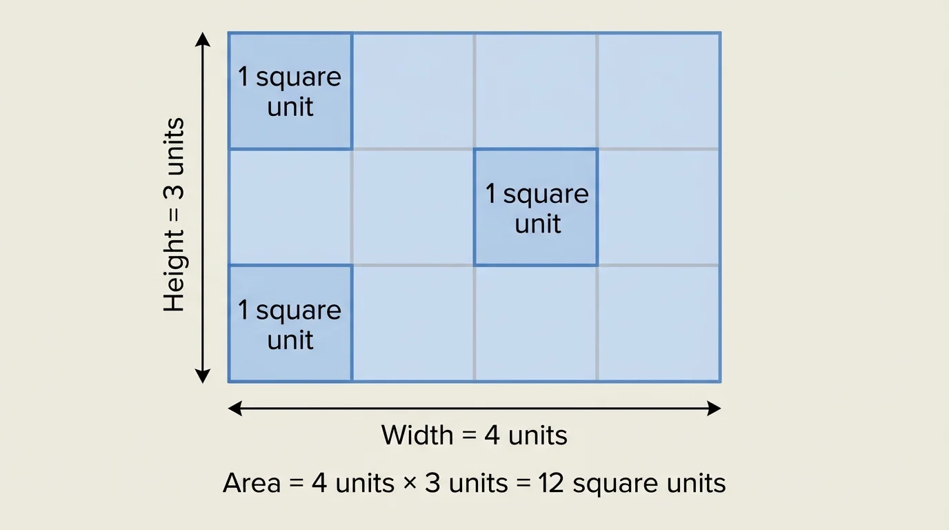 rectangle tiled with equal square units, some labeled 1 square unit, showing no gaps and no overlaps