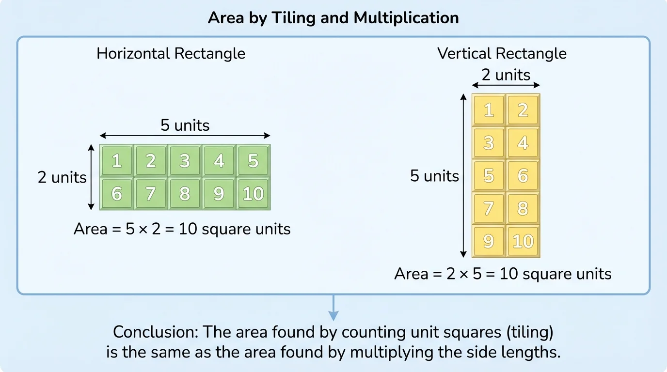 two rectangles, one horizontal 5 by 2 and one vertical 2 by 5, both tiled with 10 unit squares