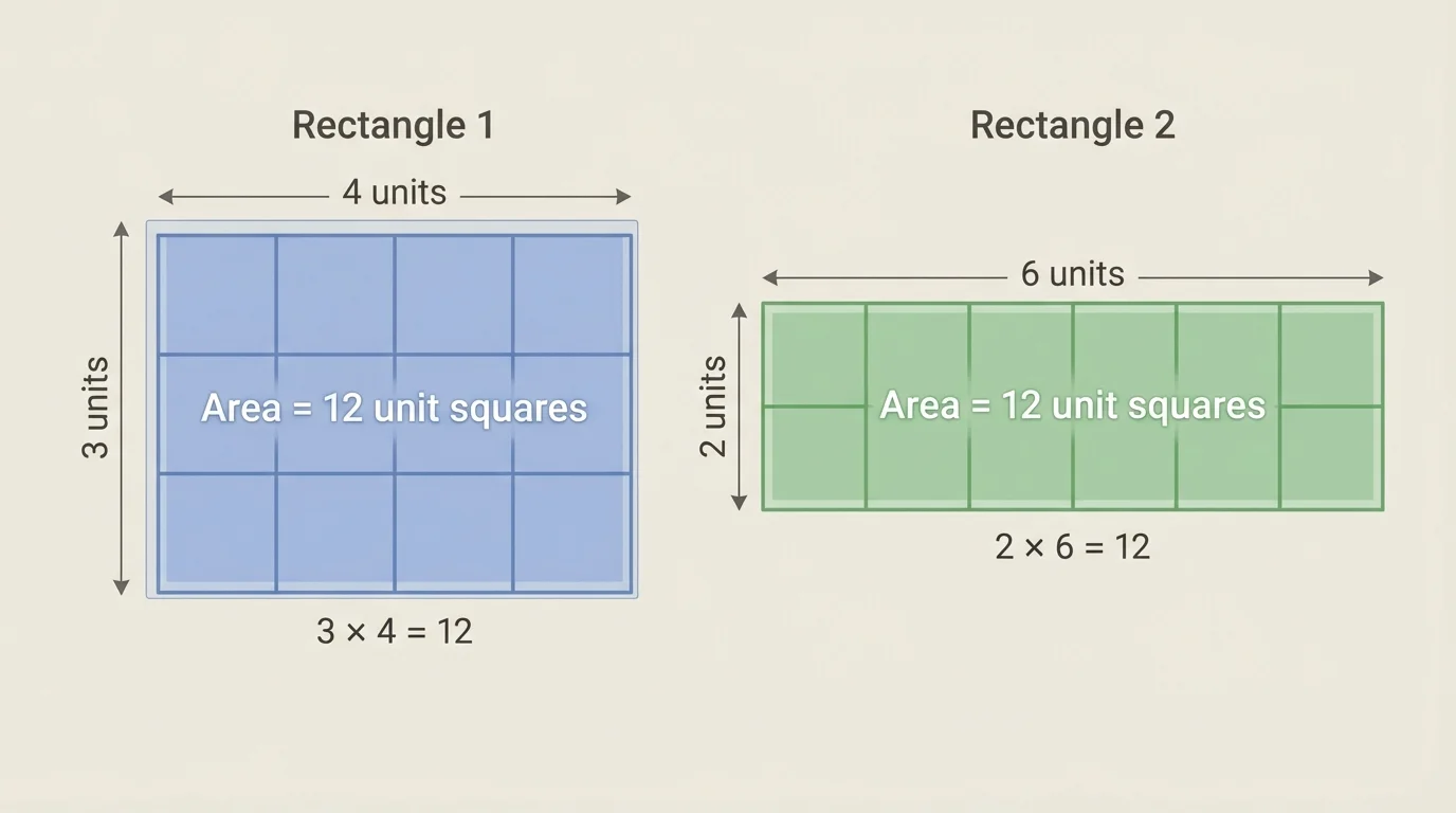 Side-by-side rectangles sized 3 by 4 and 2 by 6, both filled with 12 unit squares