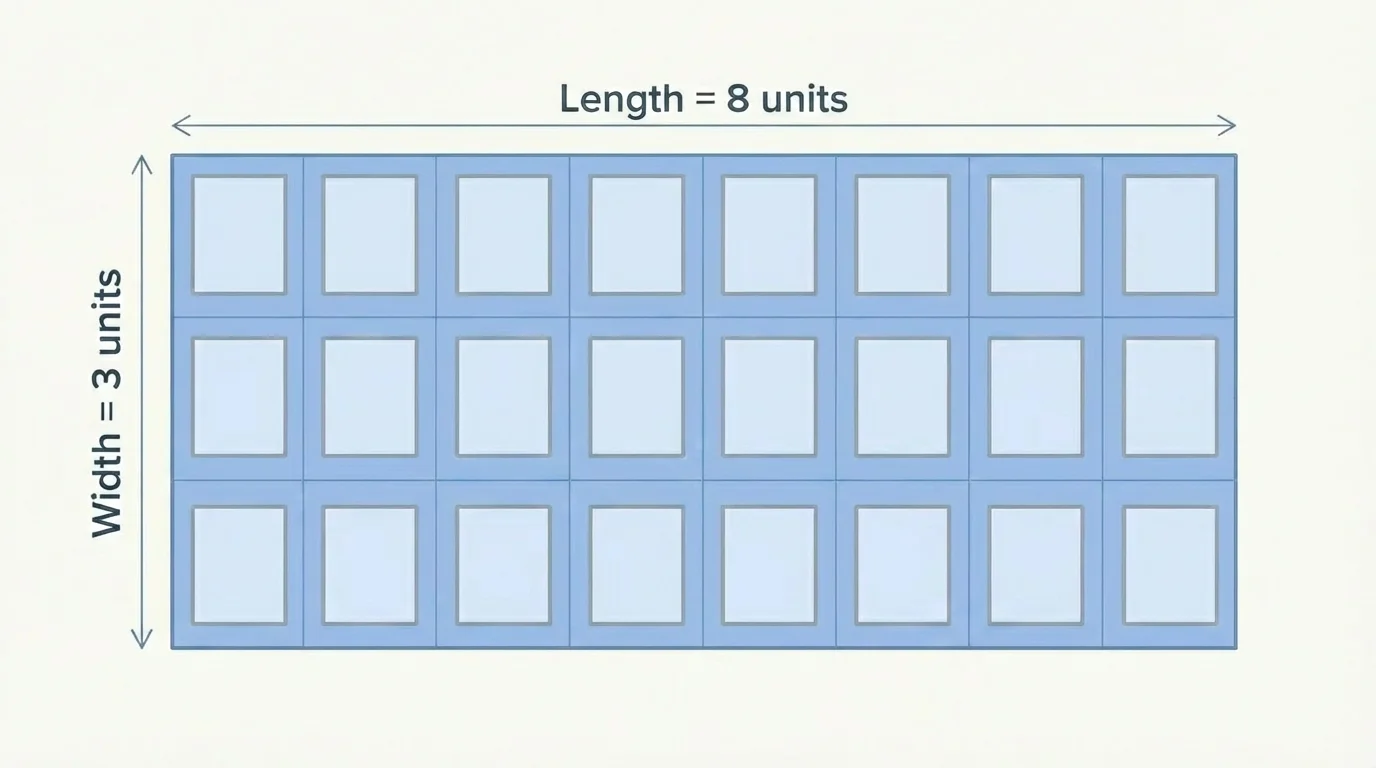 Simple rectangle labeled length 8 units and width 3 units, with interior grid of square units