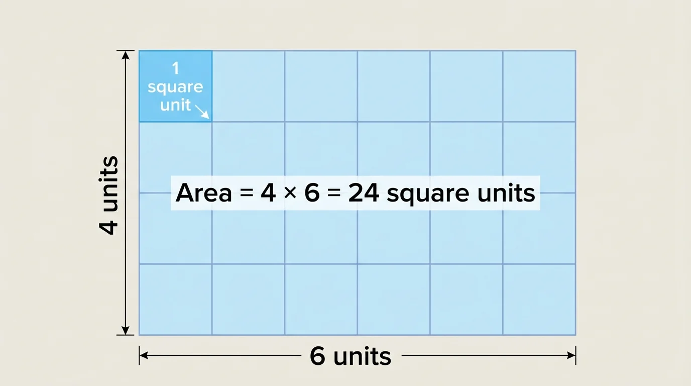 Rectangle filled with unit squares, 4 rows and 6 columns, side lengths labeled 4 units and 6 units