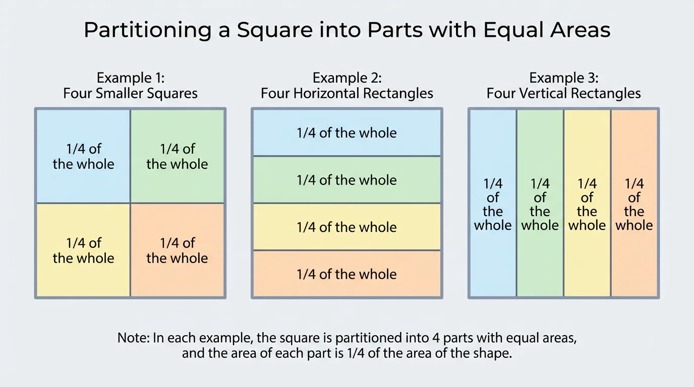 A square shown in three different partitions, each making 4 equal-area parts