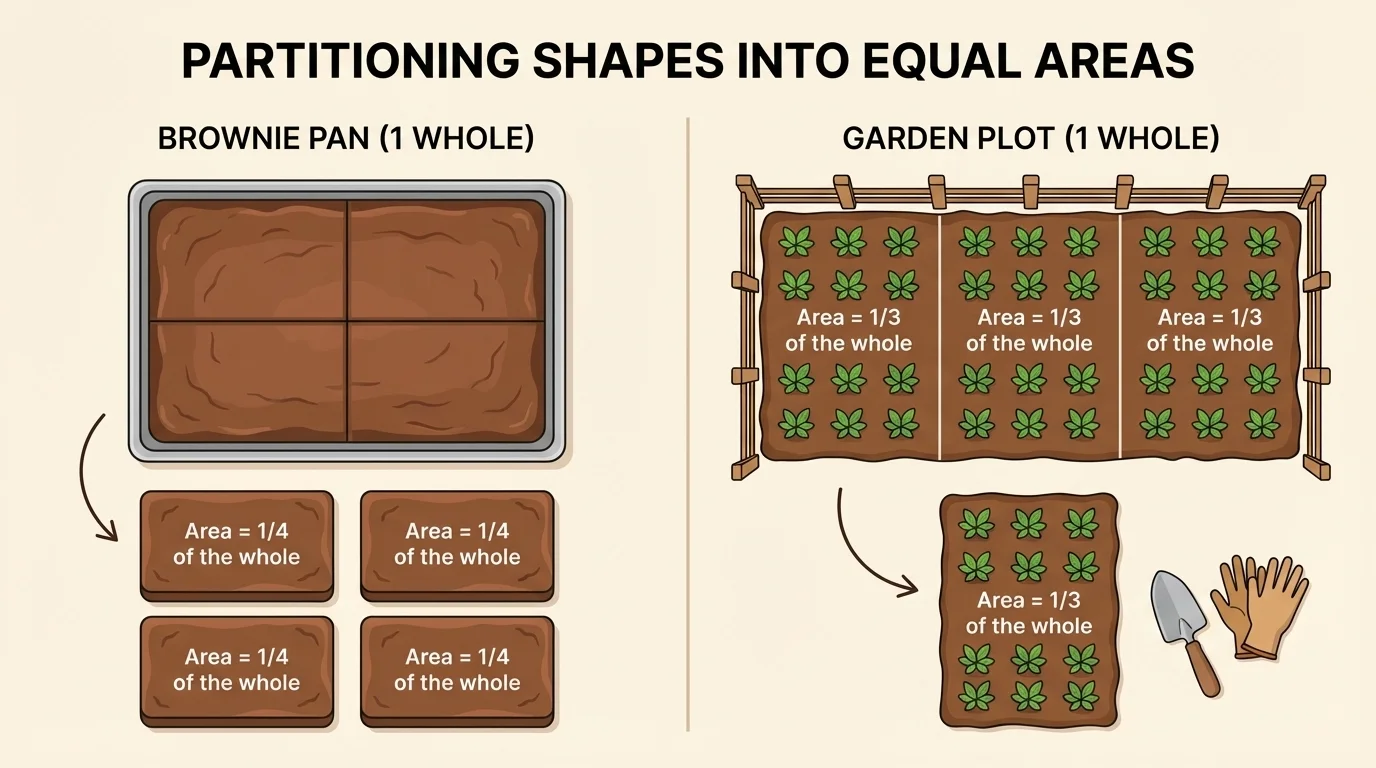 Real-world objects partitioned into equal areas: brownies cut equally and a garden plot divided into equal sections