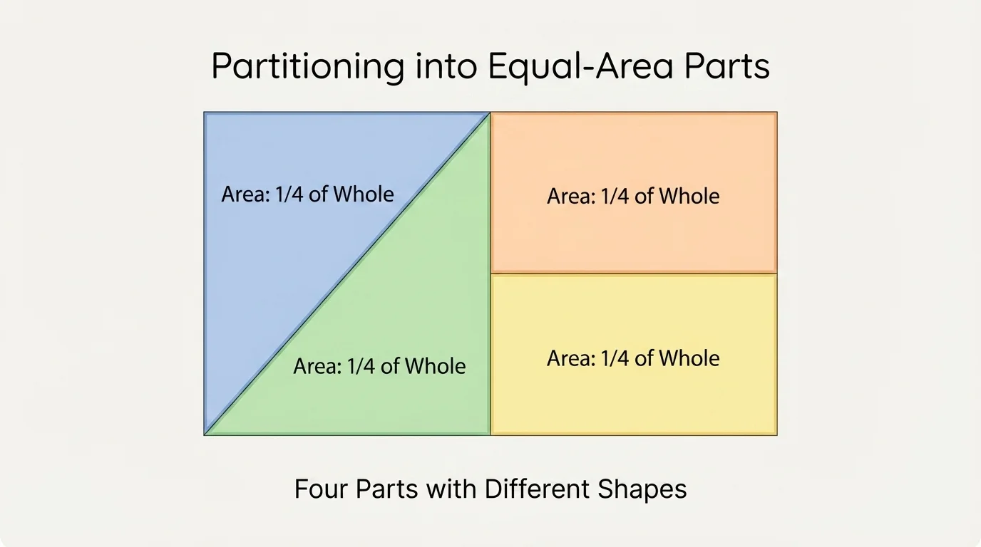A rectangle divided into equal-area parts that have different shapes