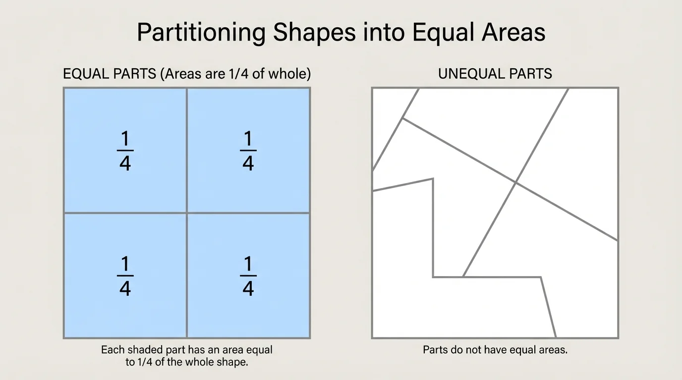 Two rectangles side by side, one split into 4 equal parts and one split into 4 unequal parts, with equal-area parts highlighted