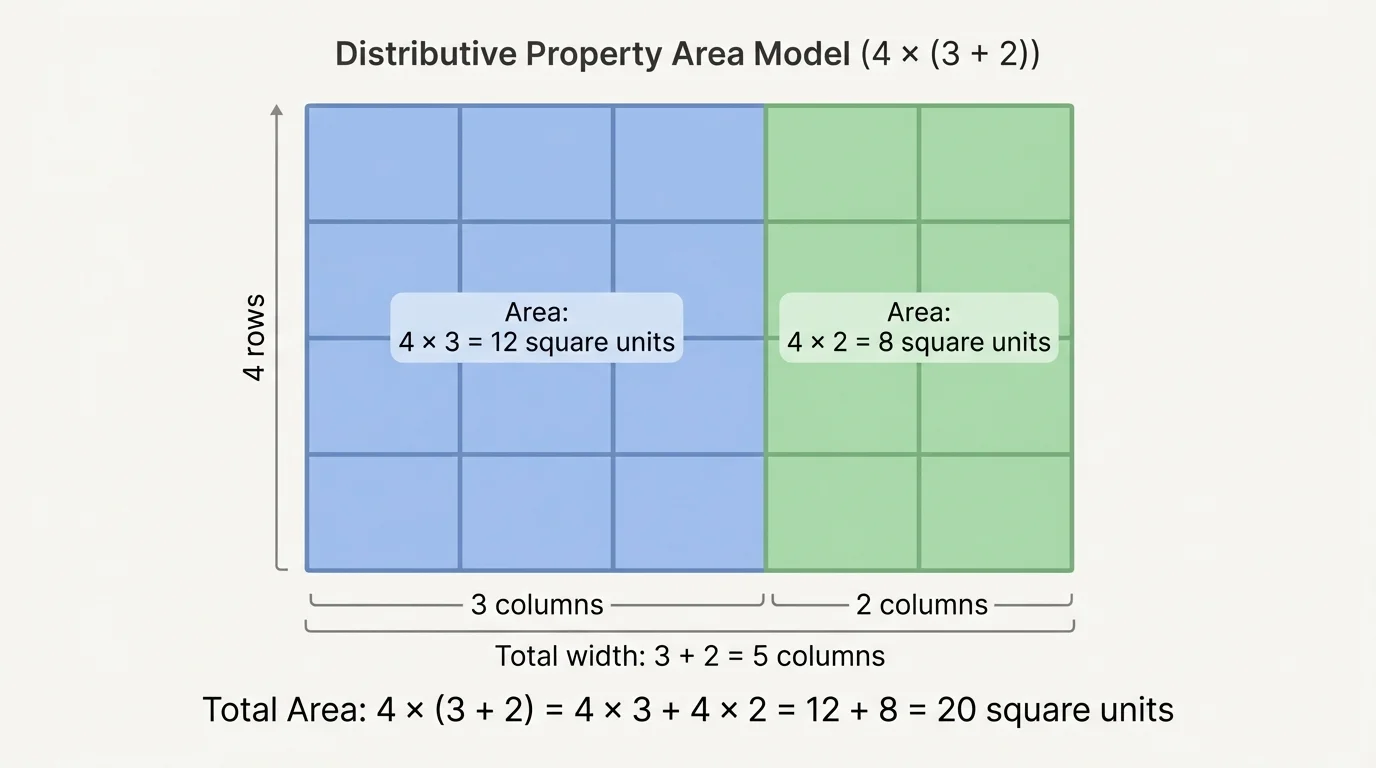 Tiled rectangle 4 rows tall split into a 4 by 3 part and a 4 by 2 part, total 20 square units
