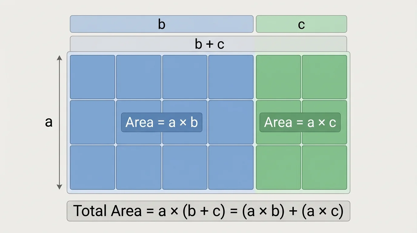 Rectangle divided into two side-by-side parts, height labeled a, widths labeled b and c, with square tiles filling both parts