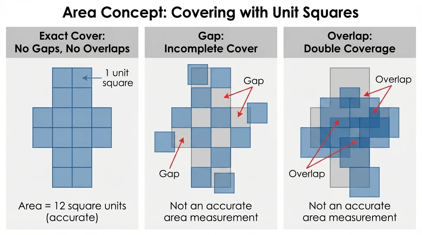 three side-by-side coverings of the same shape showing exact cover, a gap between squares, and overlapping squares